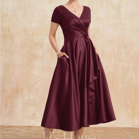 A-line V-Neck Tea-Length Satin Mother of the Bride Dress With Cascading Ruffles - Picture 5 of 7